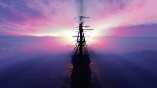 Old Ship Sunset Sea Illustration Rendering — Stock Photo, Image