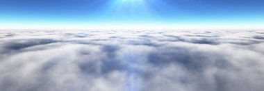 Bulutların üzerinde güneş ışınları, 3 boyutlu resimleme