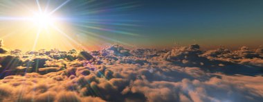 Bulutların üzerinde günbatımı güneş ışığı illüstrasyonu, 3 boyutlu görüntüleme