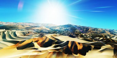 Çölde kum tepeleri batıyor. 3d resimleme