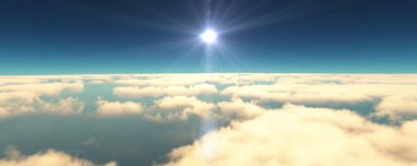 Bulutların üzerinde uç günbatımı manzarası. 3d resimleme