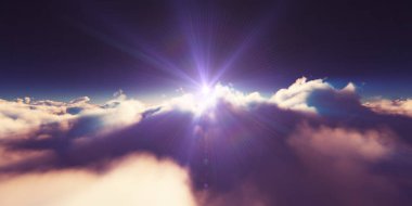 Bulutların üzerinde gün doğumu güneş ışığı çizimi, 3 boyutlu görüntüleme