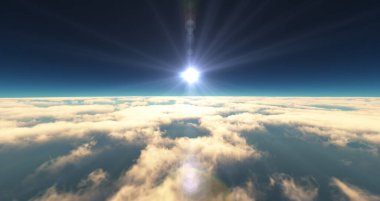 Bulutların üzerinde uç günbatımı manzarası. 3d resimleme