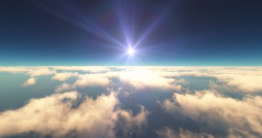 Bulutların üzerinde uç günbatımı manzarası. 3d resimleme