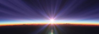 Bulutlu okyanus üzerinden Dünya 'nın doğuşu. 3d resimleme