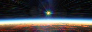 Bulutlu okyanus üzerinden Dünya 'nın doğuşu. 3d resimleme