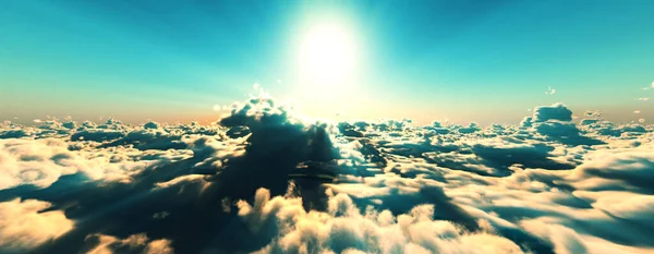 Boven Wolken Vliegen Zonsondergang Zon Straal Illustratie Renderen — Stockfoto