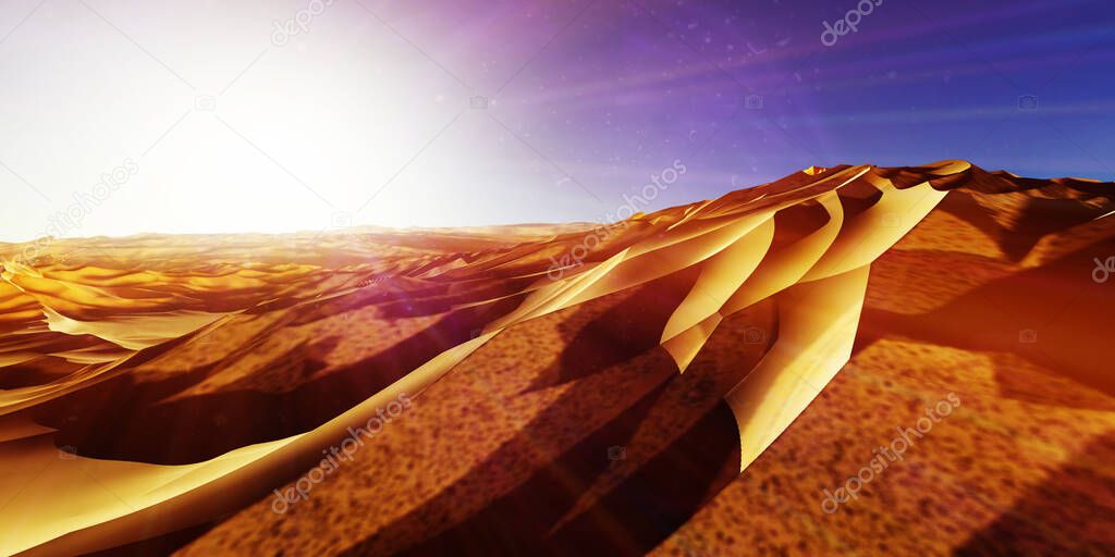Dunes sunset over the desert. 3d rendering illustration