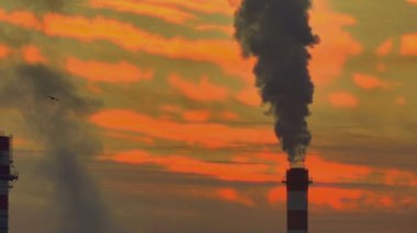 Endüstriyel baca duman fabrikası, günbatımı ağır çekim 4k