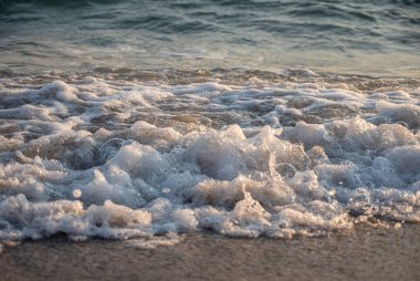 Dalgalar deniz kıyısı makrosu sıçratıyor. Yaklaş.