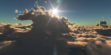 Bulutların üzerinde uç günbatımı manzarası, üç boyutlu resimleme