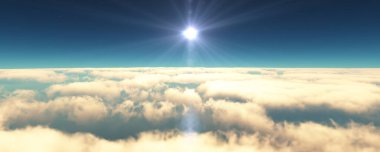 Bulutların üzerinde uç günbatımı manzarası. 3d resimleme