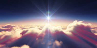 Bulutların üzerinde gün doğumu güneş ışığı çizimi, 3 boyutlu görüntüleme