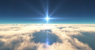 Bulutların üzerinde uç günbatımı manzarası. 3d resimleme