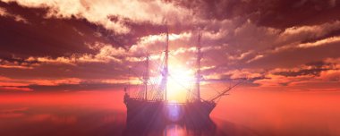 Eski gemi günbatımında deniz 3D resimleme