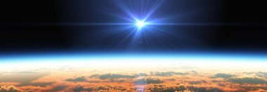 Bulutlu okyanus üzerinden Dünya 'nın doğuşu. 3d resimleme