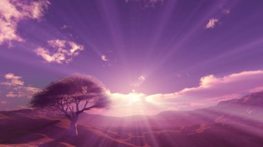 Çayırda gün batımı ve yalnız ağaç, üç boyutlu resimleme