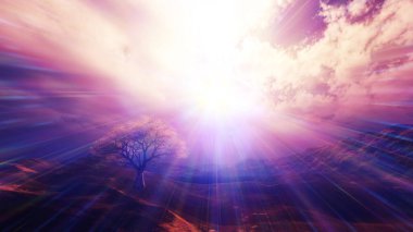 Çayırda gün batımı ve yalnız ağaç, üç boyutlu resimleme
