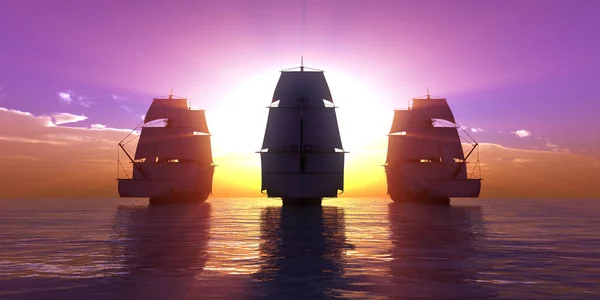 Old Three Ships Sunset Sea Rendering Illustration — Stock Photo, Image