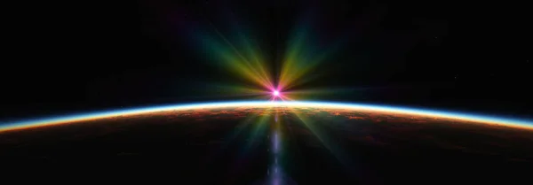 Salida Del Sol Tierra Desde Espacio Sobre Océano Nublado Ilustración —  Fotos de Stock