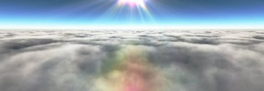 Bulutların üzerinde güneş ışınları, 3 boyutlu resimleme
