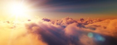 Bulutların üzerinde günbatımı güneş ışığı illüstrasyonu, 3 boyutlu görüntüleme