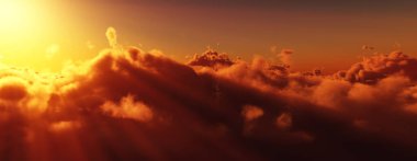 Bulutların üzerinde günbatımı güneş ışığı illüstrasyonu, 3 boyutlu görüntüleme