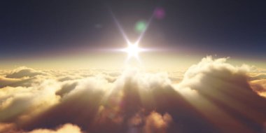 Bulutların üzerinde gün doğumu güneş ışığı çizimi, 3 boyutlu görüntüleme