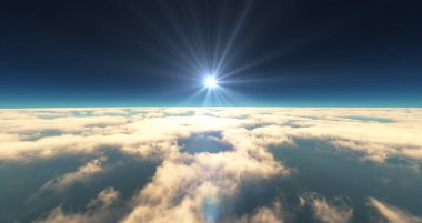 Bulutların üzerinde uç günbatımı manzarası. 3d resimleme