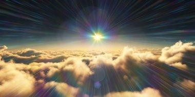 Bulutların üzerinde gün doğumu güneş ışığı çizimi, 3 boyutlu görüntüleme