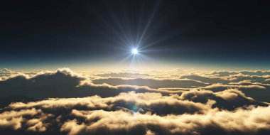 Bulutların üzerinde gün doğumu güneş ışığı çizimi, 3 boyutlu görüntüleme