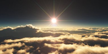 Bulutların üzerinde gün doğumu güneş ışığı çizimi, 3 boyutlu görüntüleme