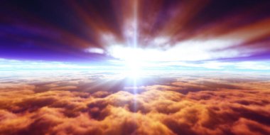 Bulutların üzerinde günbatımı güneş ışığı illüstrasyonu, 3 boyutlu görüntüleme