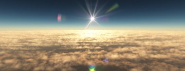 Bulutların üzerinde uç günbatımı manzarası, üç boyutlu resimleme