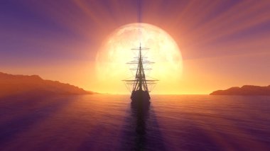 Denizde eski bir gemi dolunay çizimi 3D