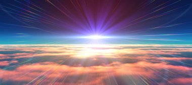 Bulutların üzerinde günbatımı güneş ışığı illüstrasyonu, 3 boyutlu görüntüleme