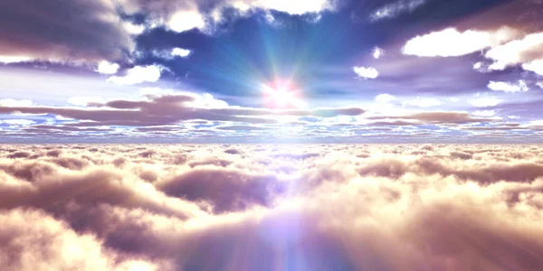 Bulutların üzerinde günbatımı güneş ışığı illüstrasyonu, 3 boyutlu görüntüleme