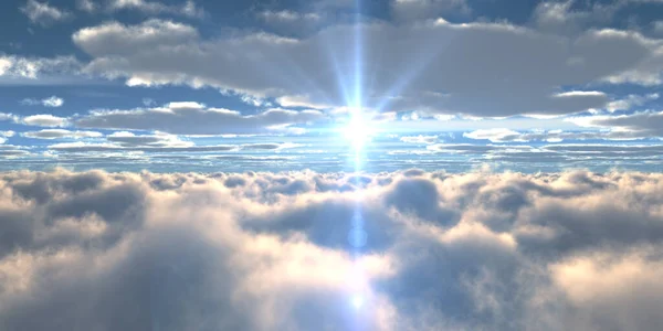 Bulutların üzerinde günbatımı güneş ışığı illüstrasyonu, 3 boyutlu görüntüleme