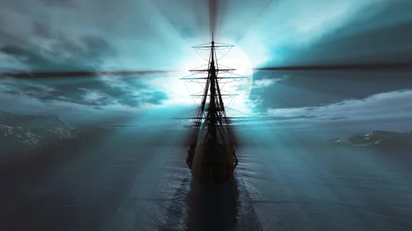 Старый Корабль Полнолуние Рендеринг Иллюстрации — стоковое фото