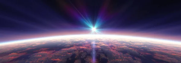 Zonsopgang Van Aarde Uit Ruimte Boven Bewolkte Oceaan Weergave Illustratie — Stockfoto