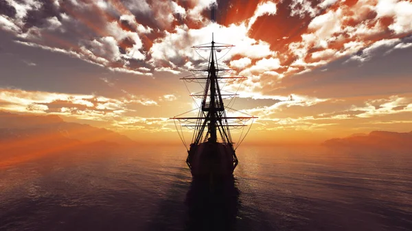 Velho Navio Pôr Sol Mar Ilustração Renderização — Fotografia de Stock