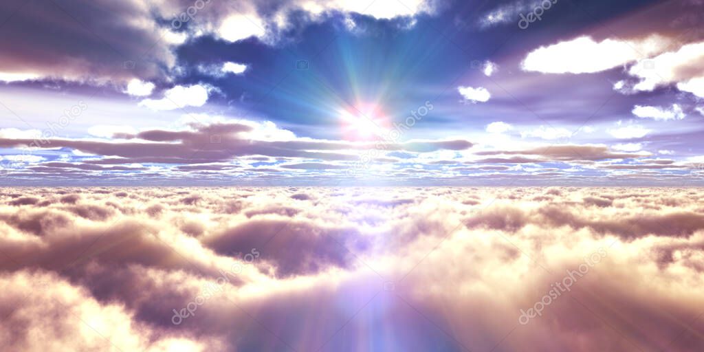 above clouds fly sunset sun ray illustration, 3d render