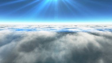 Bulutların üzerinde güneş ışınları, 3 boyutlu resimleme