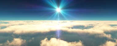 Bulutların üzerinde uç günbatımı manzarası. 3d resimleme