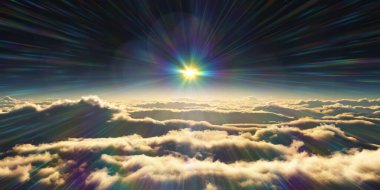 Bulutların üzerinde gün doğumu güneş ışığı çizimi, 3 boyutlu görüntüleme