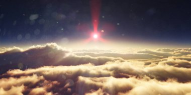 Bulutların üzerinde gün doğumu güneş ışığı çizimi, 3 boyutlu görüntüleme