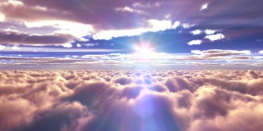 Bulutların üzerinde günbatımı güneş ışığı illüstrasyonu, 3 boyutlu görüntüleme