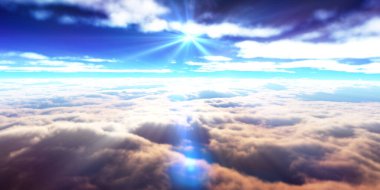 Bulutların üzerinde günbatımı güneş ışığı illüstrasyonu, 3 boyutlu görüntüleme