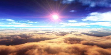 Bulutların üzerinde günbatımı güneş ışığı illüstrasyonu, 3 boyutlu görüntüleme