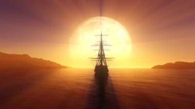 Denizde eski bir gemi dolunay çizimi 3D